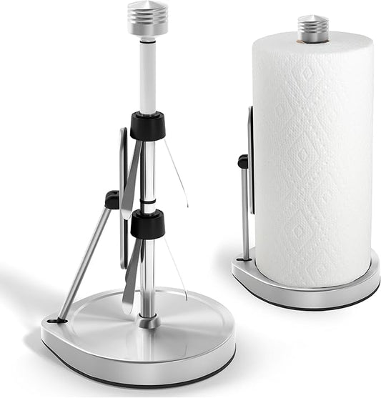 Stainless Steel Tension Arm Paper Towel Holder - Easy One-Handed Operation - This Sturdy Weighted Paper Towel Dispenser Countertop Model Has Suction Cups and Holds All Paper Towel Rolls (Silver)
