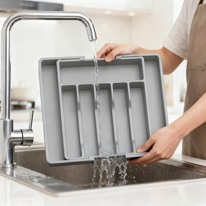 Expandable Large Silverware Tray For Drawer Organizer, Kitchen Cooking Utensil Drawer Organizer For Spoons Forks Knives, Adjustable Cutlery Flatware Holder 13"-22.4" X 14.7" X 2" (Gray)
