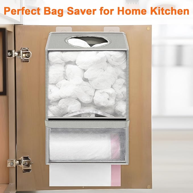Wall Mount Plastic Bag Holder - Large Oxford Cloth Grocery Bag Holder, 2-in-1 Plastic Bags Organizer with Trash Roll Dispenser for Home Kitchen Closet Cabinets Sink, Gray