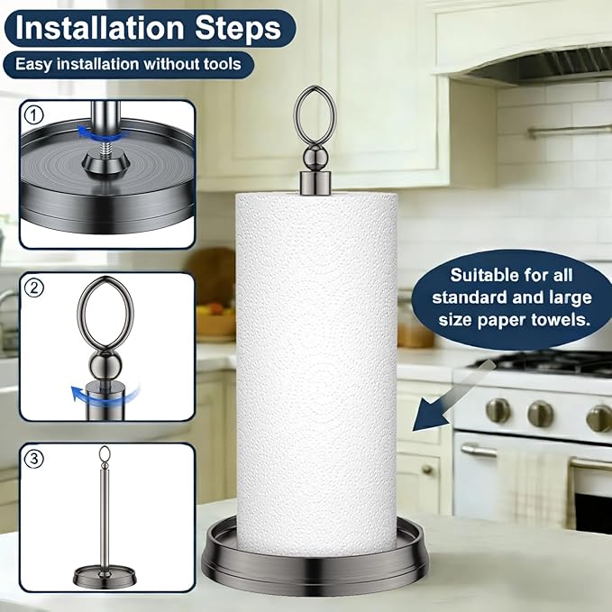 Paper Towel Holder With Heavy Weighted Base - Steel Countertop Stand for Kitchen, Bars & Dining Tables - Fits Standard & Jumbo Rolls - Brushed Nickel