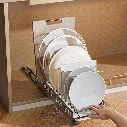 JAQ Pull Out Pots and Pans Organizer Under Cabinet, Slide out Pot Lids Rack Holder with Drain Tray for Plate Cutting Board Baking Sheet inside Cabinets, 10 Adjustable Dividers-Black