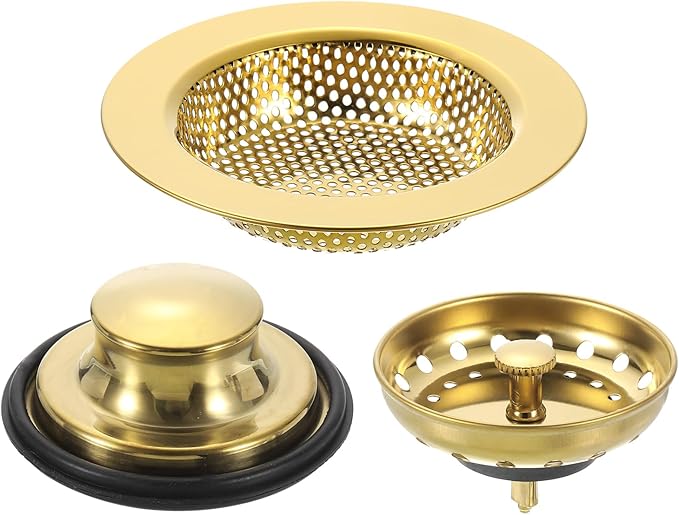uxcell 3 Pcs Kitchen Sink Drain Strainer Light Gold, Stainless Steel Kitchen Sink Strainer and Stopper, Anti-Clogging Basket with Handle, for Most Kitchen Sink Strainer Replacement