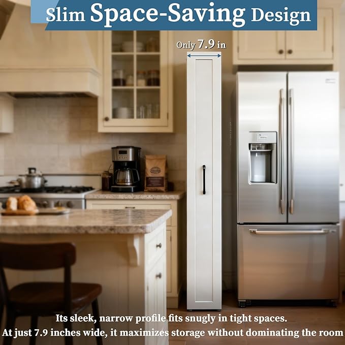 Slim Storage Cabinet, 7 Tier Pull Out Pantry Shelf for Kitchen, Narrow Rolling Storage Cart with Handle, Skinny Spice Rack Next to Fridge for Small Spaces, White
