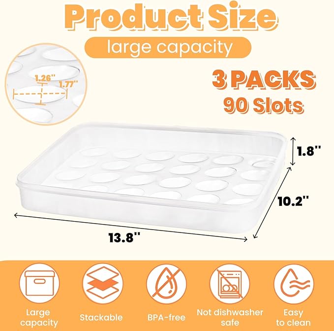 3 Pack Deviled Egg Containers with Lid, 90 Slot Plastic Egg Holder for Refrigerator, Clear Storage Egg Carrier Tray Stackable Egg Dispense for Party, Easter, Travel, Camping