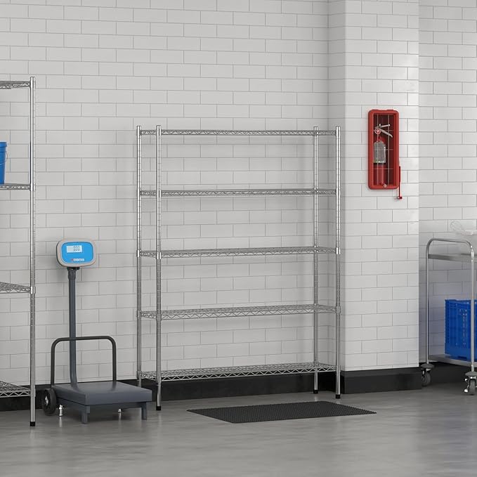 Commercial NSF Listed Chrome Stationary Wire Shelving Kit 12" x 48" x 64", with 5 Shelves Perfect for Warehouse, Walk-in Refrigerator, Freezer, Grocery Store, Restaurant, Dishroom