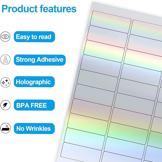 YEGAWEN 1" x 2-5/8" Address Labels- Holographic Color Stickers for Laser/Ink Jet Printer mailing Labels 8.5"×11"- Holographic Silver/ 20 Sheet