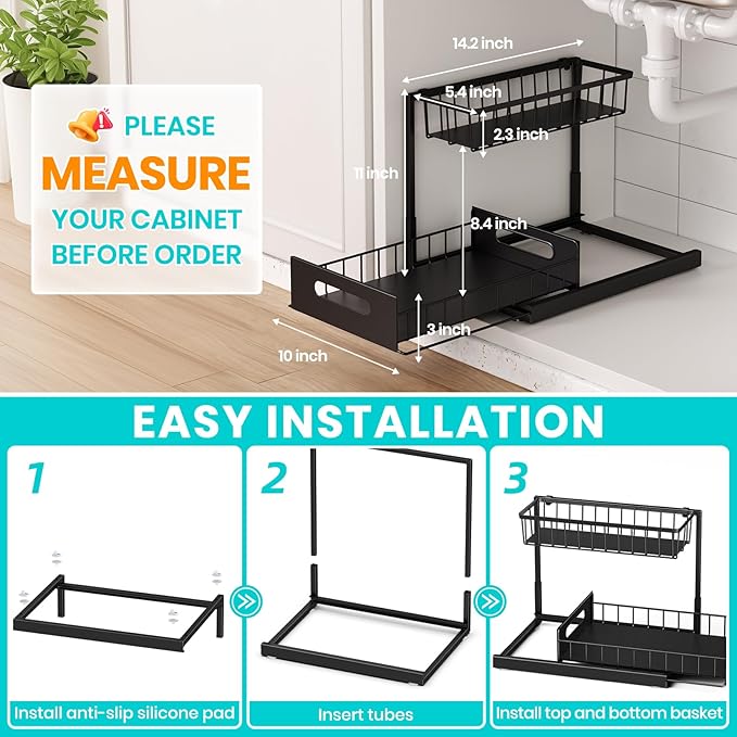FUNFERY 2 Pack Under Sink Organizers and Storage,Pull-Out Cabinet Organizer,Under Kitchen Sink,Cabinet,Bathroom Organizers and Storage,L Shaped Pantry Organizer for Kitchen Storage Organization,Black