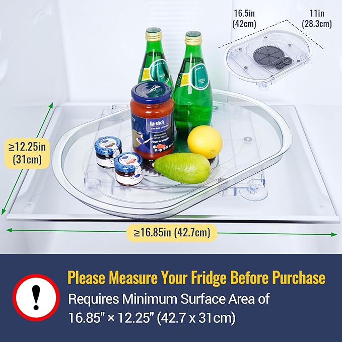 NiHome Refrigerator Lazy Susan Turntable Organizer 16.5"x11"x1.85", 180° Smooth Rotation Clear Plastic Shelf Tray with Suction Cups, Space-Saving Fridge Storage Rack for Cabinets, Pantry, Countertop