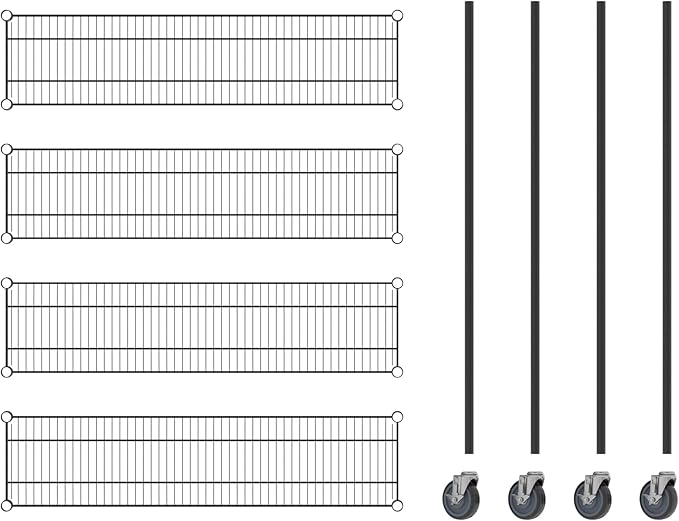 Commercial NSF Listed Black Epoxy Mobile Wire Shelving Kit 12" x 48" x 60", with 4 Shelves Perfect for Warehouse, Walk-in Refrigerator, Freezer, Grocery Store, Restaurant, Dishroom