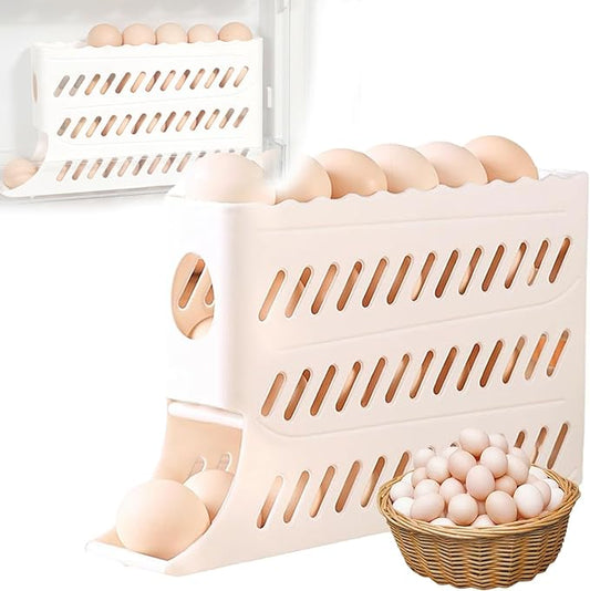2026 New Egg Holder for Fridge, Automatic Rolling 2-Tier Large Capacity Egg Dispenser for Refrigerator, Space Saving 30 Eggs Storage Organizer for Kitchen Countertop & Cabinet (White)