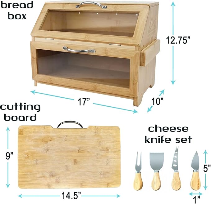 Extra Large Bread Box with Cutting Board & Knife Set | 7 Piece Set | Bamboo Breadbox | Bread Boxes for Kitchen Countertop | Bread Storage Container| Assembly Required