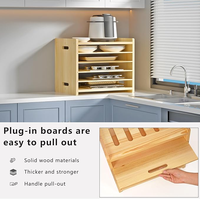 6 Tier Wooden Tray Dividers for Cabinets, Baking Cookie Sheet Organizer, Vertical/Horizontal Cabinet Dividers for Pots, Cutting Board, Pans, Kitchen Organizers and Storage