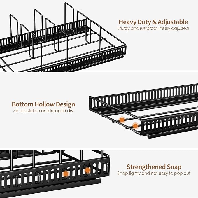 Housolution Pull Out Food Container Lid Organizer with Sliding Rail, Slide Out Plastic Lid Holder Compatible with Tupperware, Metal Storage Rack with 10 Adjustable Dividers for Cabinet, 1 Pack