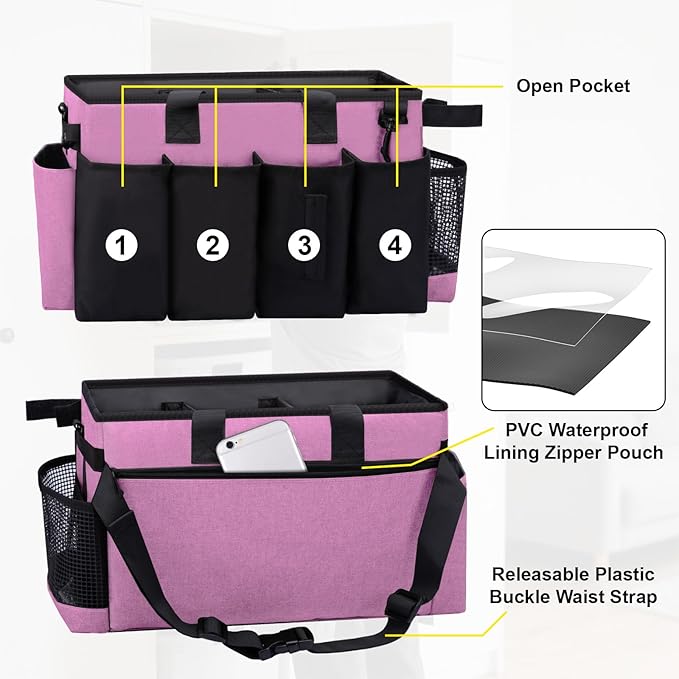 Wigojoy Wearable Large Cleaning Caddy Bag for Housekeeper, Clean Supply Organizer with Adjustable Shoulder, Waist & Handle Straps, Detailing Bag for Kitchen Supplies (Pink)