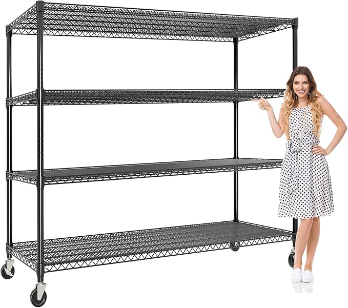 4 Tier Industrial Storage Shelving Unit 2640LBS Capacity, Heavy Duty Adjustable Metal Shelves w/Wheels & Leveling Feet, Garage, Workshop, Basement Rack Shelf, 73.8" H*23.9" D*59.8" W