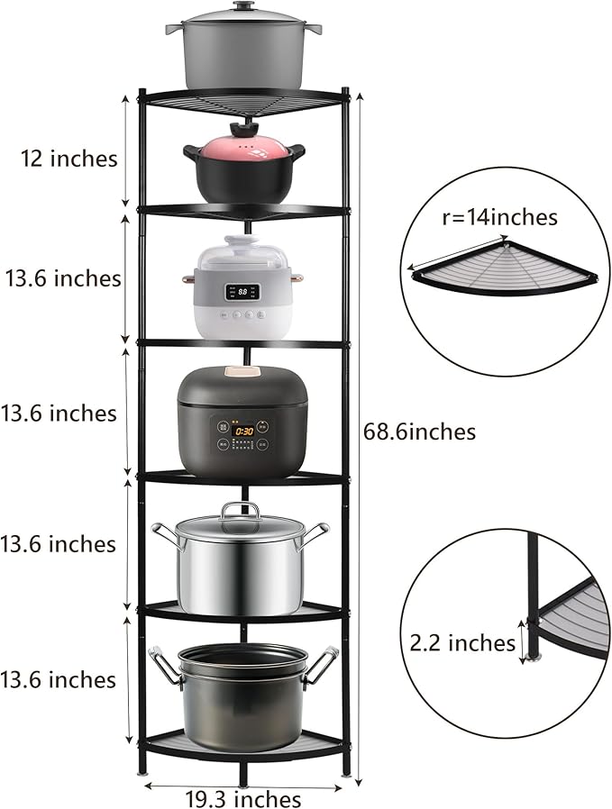6-Tier Kitchen Corner Shelf Triangular Corner Pot Rack Storage Shelf Multi-tier,Carbon Steel Cookware Stand Home Storage Organizer Holder for Pans Pots and Kettles