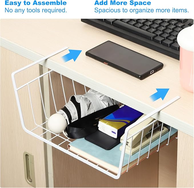 PATIKIL Under Shelf Basket, 2 Pack Small Sliding Under Cabinet Shelf Hanging Metal Storage Rack Organizer Space Saving for Kitchen Pantry Bookshelf 13"L x 10.2"W x 4.7"H, White