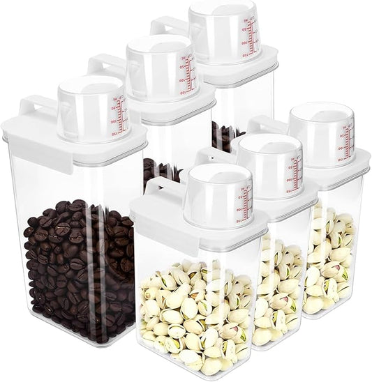 6-Piece Airtight Food Storage Container Set with Measuring Cup, Cereal Dispenser with Pouring Spout for Rice, Flour, Grain, Pet Food, 1800ml and 2300ml