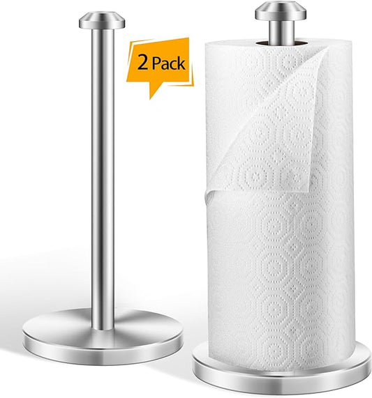AOSION 2 Piece Stainless Steel Weighted Paper Towel Holder Countertop, Silver Vertical Kitchen Bathroom Paper Towel Holder, with Non-Slip Base