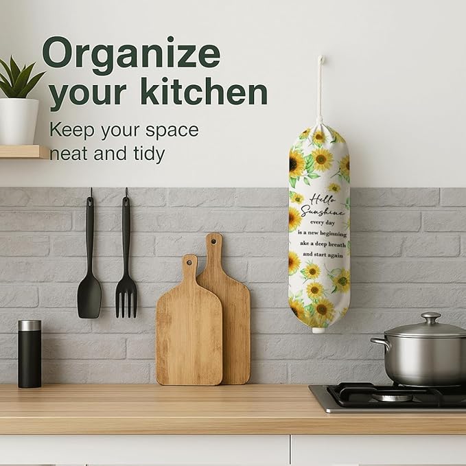 Sunflower Plastic Bag Holder, Hello Sunshine Plastic Bag Holder for Kitchen Essentials, Bags Holders for Plastics Bags Groceries Store, Floral Reusable Trash Sack Storage Dispenser to Home Decor