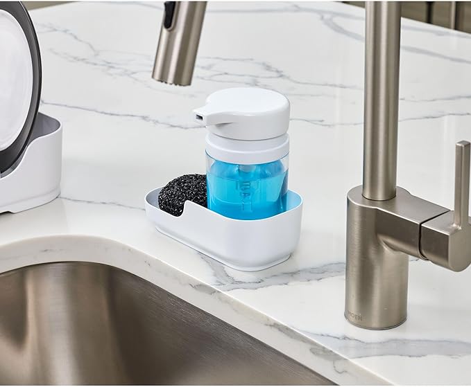 iDesign Plastic Kitchen Sink Caddy Sponge Holder with Soap Dispenser - White/Clear