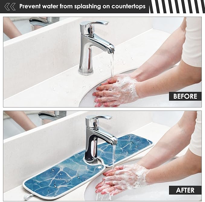 2 PCS Kitchen Sink Splash Guard 14.9 Inch Faucet Mat for Kitchen Sink Bathroom Sink Faucet Absorbing Drip Drain Mat Pad Microfiber Soft Washable Blue Pool Ripples