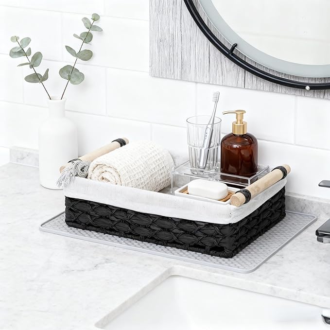 Set of 2 Black Paper Rope Storage Baskets with Wood Handles and Liner – Handwoven Decorative Organizer Bins for Bathroom Vanity, Countertop, Shelf & Small Home Storage