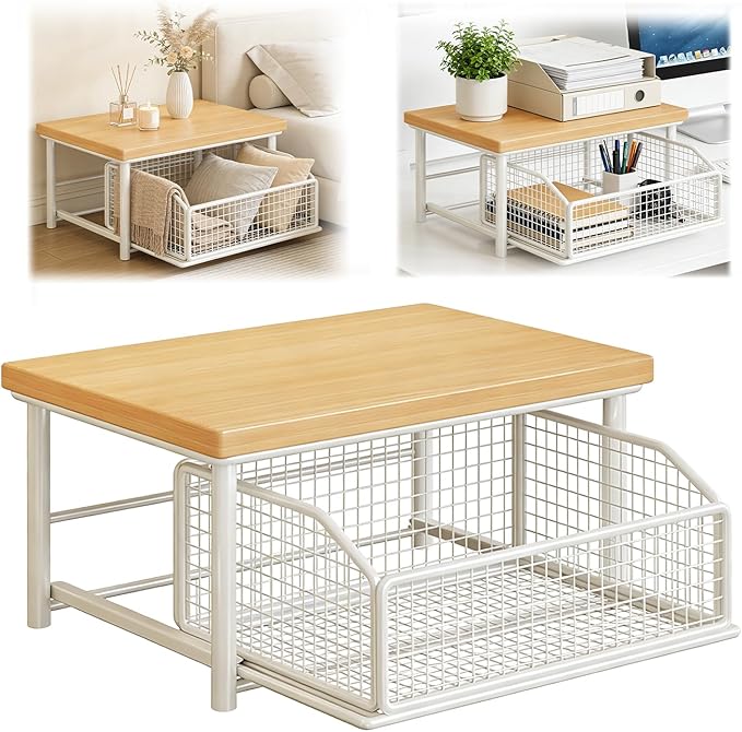 Kitchen Countertop Organizer with Drawer and Wire Basket, 2-Tier Hardwood Shelf for Microwave, Coffee Maker—Sliding Drawer for Fruit Storage, Space-Saving Kitchen Pantry Organizer with Counter Shelf