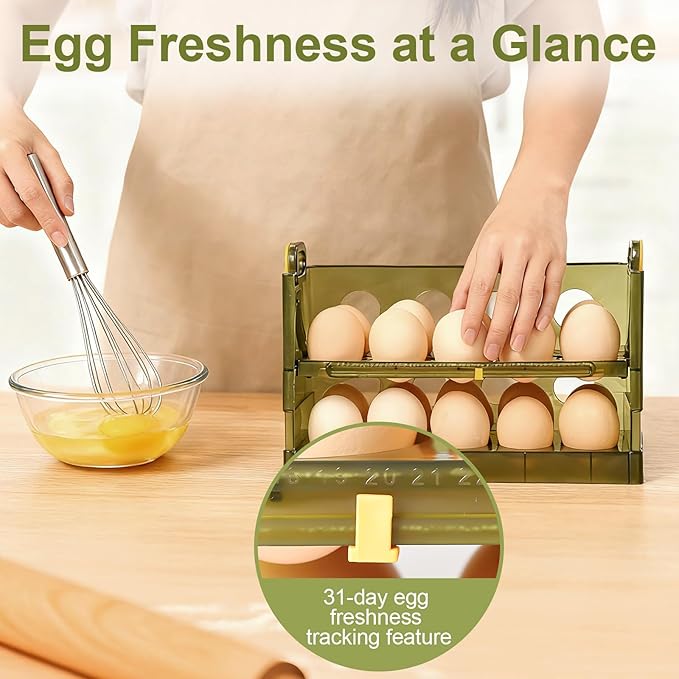 20 Egg Holder for Fridge, 2 Tiers Clear Stackable Stand Tray with Drawer for Refrigerator, Can See Freshness in a Timed Manner, for Refrigerator, Countertop with Handle