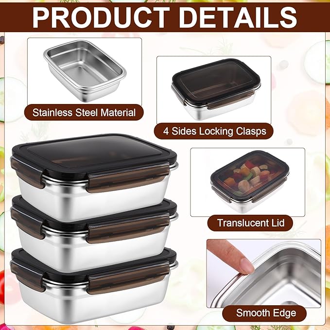 Acellegic 12 Pcs 304 Stainless Steel Food Storage Containers with Lid, Airtight Metal Food Containers Reusable Stackable Bento Meal Lunch Box Freezer/Dishwasher Safe for Kitchen Travel(29oz/ 850 ml)