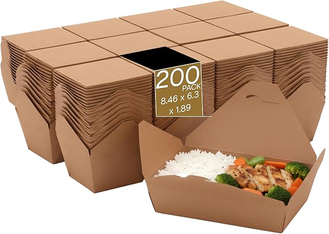 Kraft Paper Take-Out Boxes, PFAS-Free, Grease Resistant, Durable Disposable Food Containers, Microwave/Freezer Safe, Stackable Paperboard for Meal Prep, Catering, Leftovers & Restaurants, 8.4x6.3x1.9