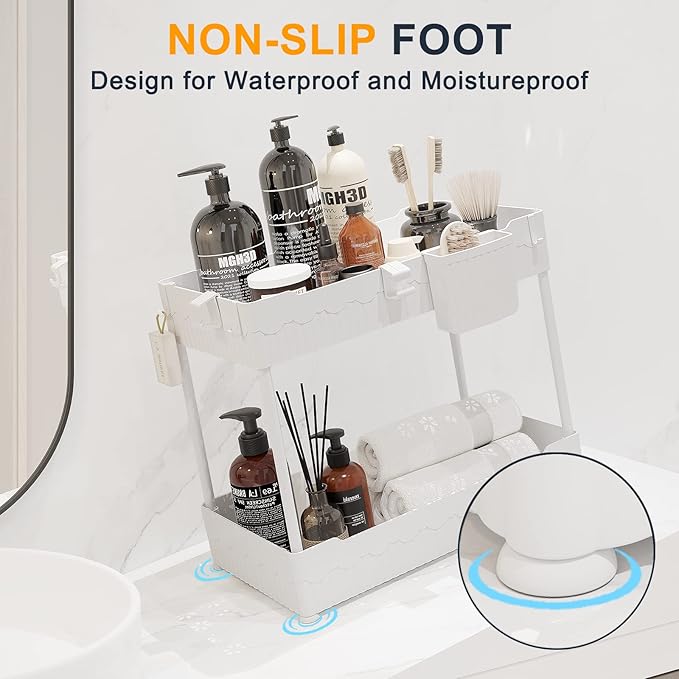 Sevenblue 2 Pack Under Sink Organizer, Under Bathroom Cabinet Organizer with Hooks Hanging Cup, Multi-Purpose Storage Shelf for Kitchen Bathroom (White, L)