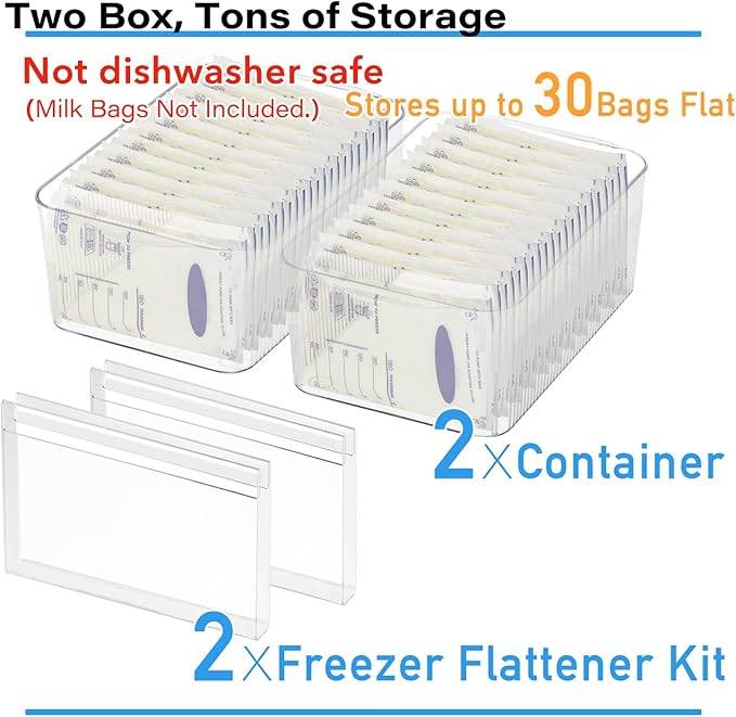Breastmilk Storage Container with Freezer Flattener Kit, Large Capacity Organizer Bins for Flattening Milk Bags, Save Refrigerator Space (2 Pack)