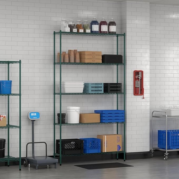 Commercial NSF Listed Green Epoxy Stationary Wire Shelving Kit 12" x 54" x 96", with 5 Shelves Perfect for Warehouse, Walk-in Refrigerator, Freezer, Grocery Store, Restaurant, Dishroom