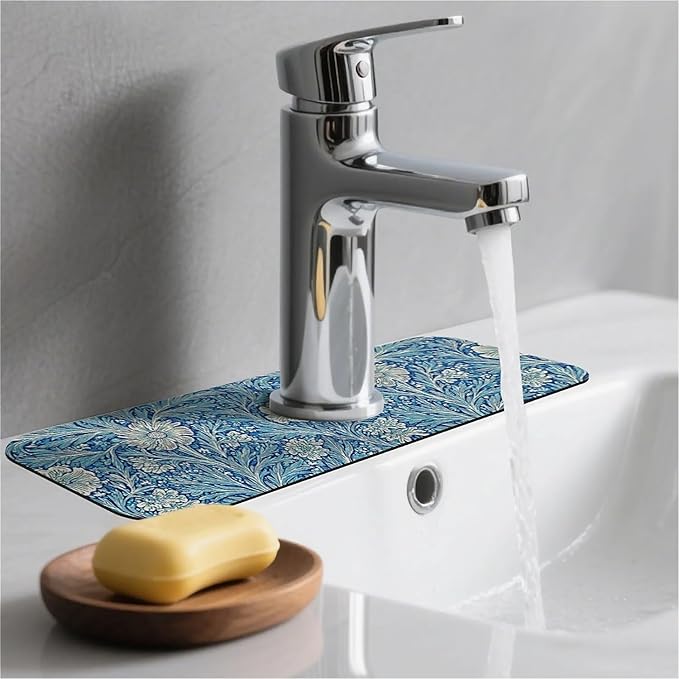 Kitchen Sink Splash Guard，Blue flowers forest Faucet Mat Sink Gadgets-Super Absorbent Fast Drying Mat Drip Catcher for Kitchen, Bathroom,Sink Mat, Dish Drying Mat, Bathroom(15" X 5.5" )
