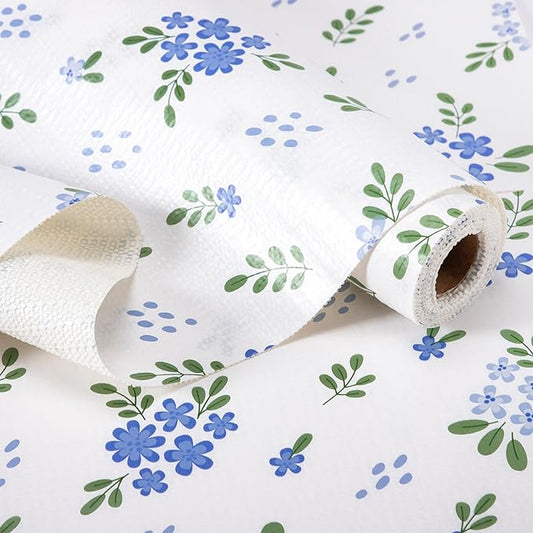 RAY STAR Shelf Liner, 18 Inch x 8 Feet Non Adhesive Blue Floral Kitchen Cabinet Liner for Pantry Drawer Vanity, Strong Grip Non Slip Waterproof, Shelf Liners for Kitchen Cabinets Cupboard