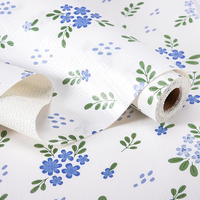 RAY STAR Shelf Liner, 12 Inch x 10 Feet Non Adhesive Blue Floral Kitchen Cabinet Liner for Pantry Drawer Vanity, Strong Grip Non Slip Waterproof, Shelf Liners for Kitchen Cabinets Cupboard