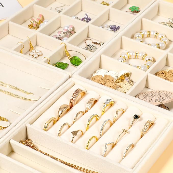 4Pcs Jewelry Organizer Trays, Stackable Velvet Jewelry Trays, Drawer Insert Divider Jewel Display Storage with Removable Dividers, Divided Storage for Earring Necklace Rings Bracelet