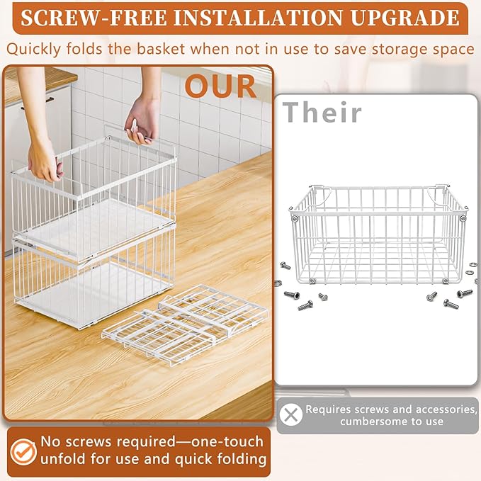Large Freezer Organizer Bins, Upgrade One-Touch Open/Close, 3 Pack Big Stackable Deep Freezer Organizer Bins, White Wire Foldable Baskets with Handles, for 5 to 7 Cu.FT Deep Freezer Sort Frozen Meats