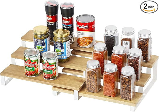 2 Pack Expandable Spice Rack Organizer for Cabinet – 3 Tier Wood & Metal Shelf Spice Rack, Adjustable Seasoning Organizer for Kitchen Counter, Pantry or Bathroom Storage, White Frame