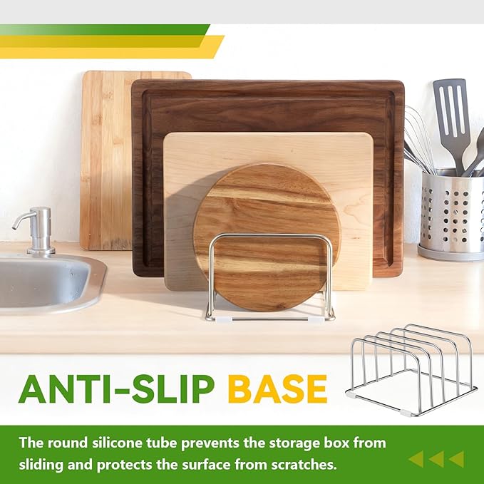 304 Stainless Steel Cutting Board Organizer Rack Cutting Board Holder Stand with Compact 4 Slots Cookie Sheets Organizer for Kitchen Countertop and Cabinet Storage, 1.0 & 1.2 Inch Wide Slots