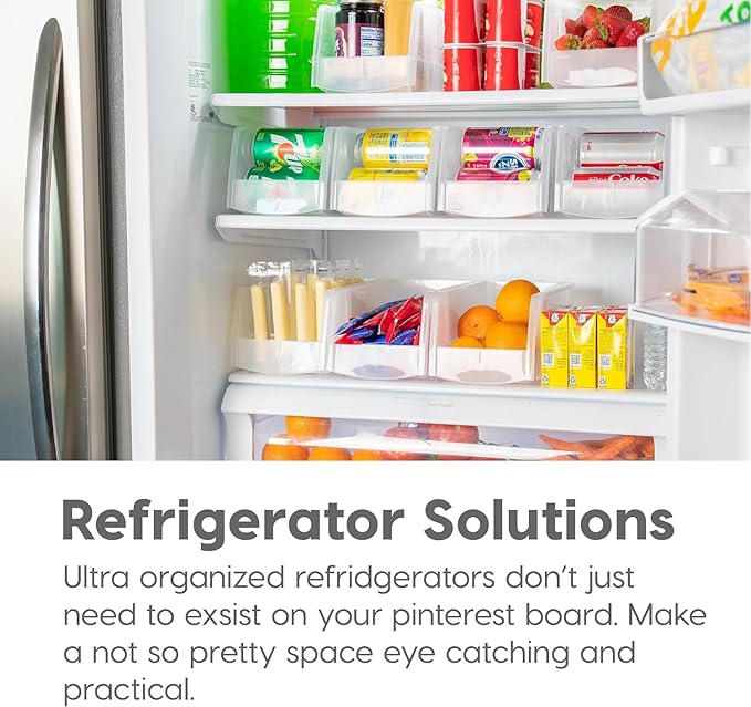 IRIS USA Plastic Stackable Clear Storage Bins, Open Front Fridge Pantry Kitchen Closet Cabinet Organizer Caddy Basket for Organizing Snack, Food, Cans, and Bathroom Essentials - Medium 8 Pack