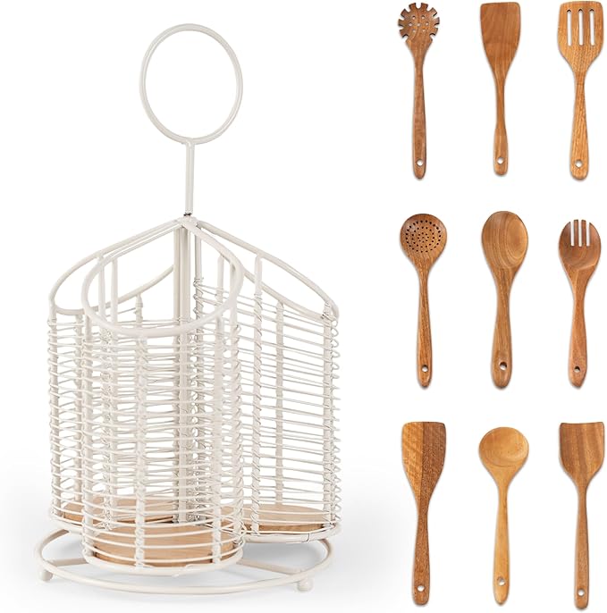 Rotating Utensil Holder with 3 Compartments & Cork Bottom – Premium Matte White Metal + 9-Piece Acacia Wood Kitchen Utensil Set – Countertop Organizer for Cooking Tools, Housewarming & Holiday Gifts