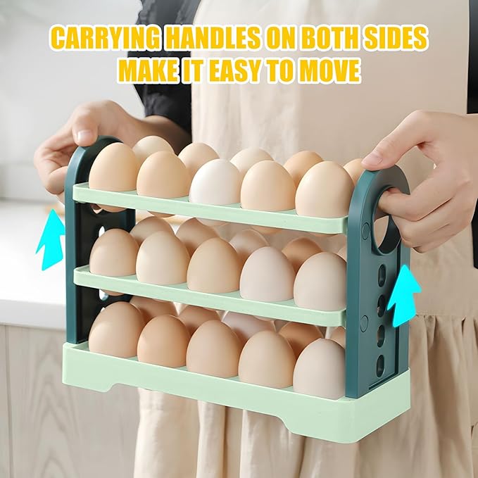 Flippable Egg Holder For Refrigerator Can store 30 eggs, 3 Layer Egg Storage Container For Refrigerator Side Door, Large Capacity Egg Container, Egg Organizer, Egg Storage 30 Count (green)