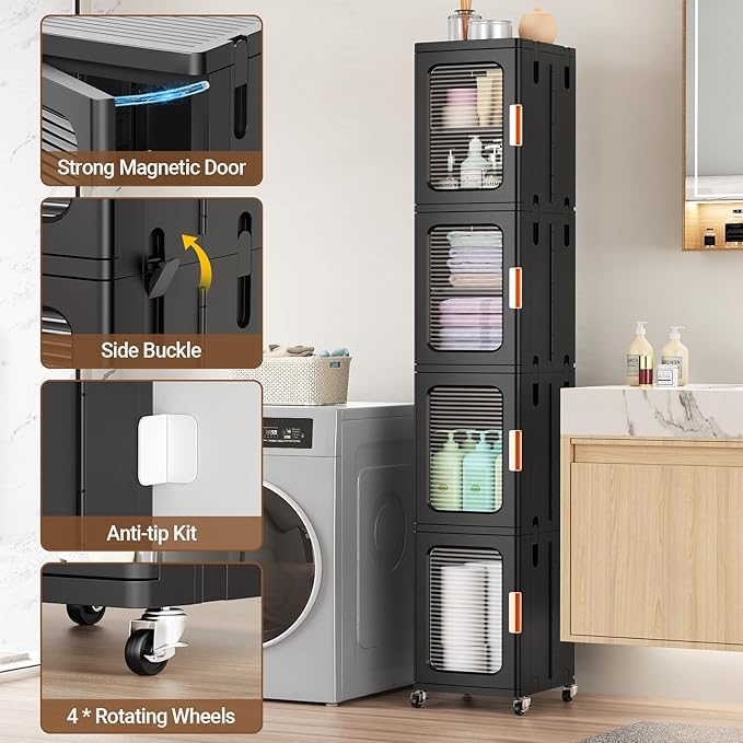 BROVIEW 1-Tier Tall Narrow Storage Cabinet Organizer, Slim Bathroom Cabinets with Adjustable Shelves and Door, Plastic Kitchen Pantry Organizers and Storages for Small Space, Laundry, Black