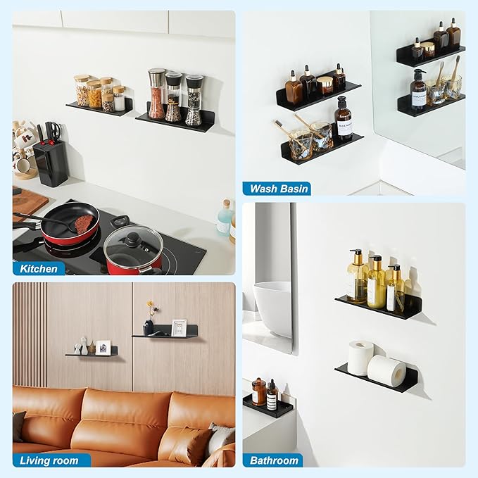 SAYAYO Black Floating Shelves for Wall Storage, 12 Inch Wall Shelves for Bedroom Decor, Display Bathroom Shelf Organizer for Kitchen, Living Room, Office, 2pcs