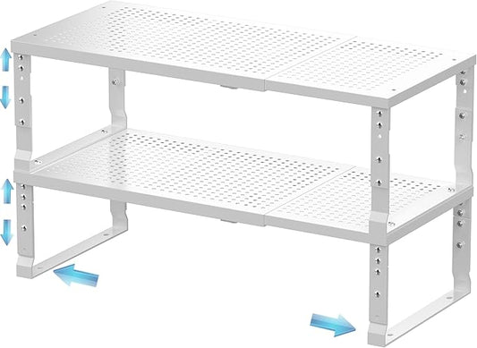 Expandable Spice Rack & Kitchen Cabinet Organizer - Stackable, Adjustable Shelves for Cabinets, Countertops, Cupboards & Pantries(2 Packs/Large/White)