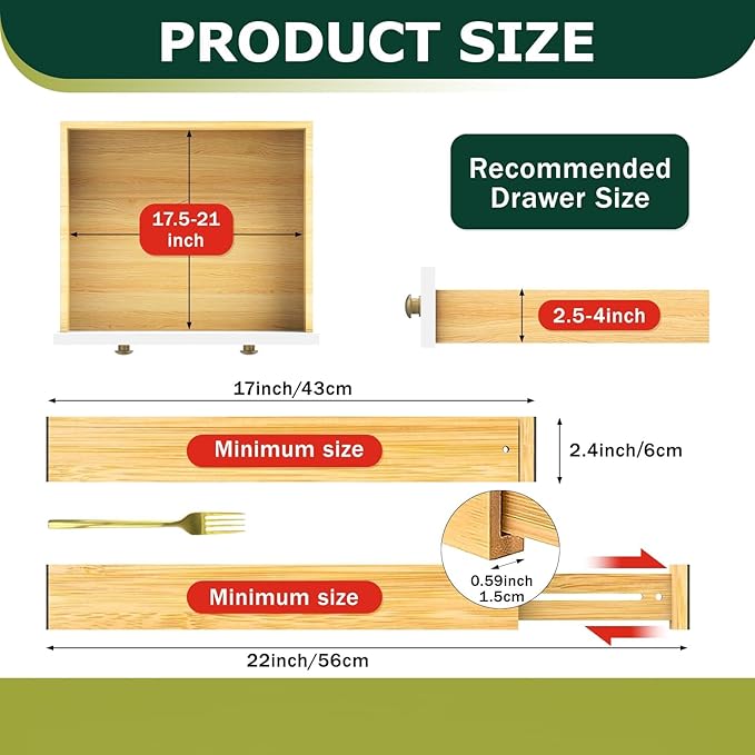 Lzerking Kitchen Drawer Dividers 6 Pack, 17-22" Adjustable Bamboo Drawer Organizers Large, Spring Loaded, Expandable Utensil Organizer, Works in Kitchen, Dresser, Closet, Bathroom, Bedroom