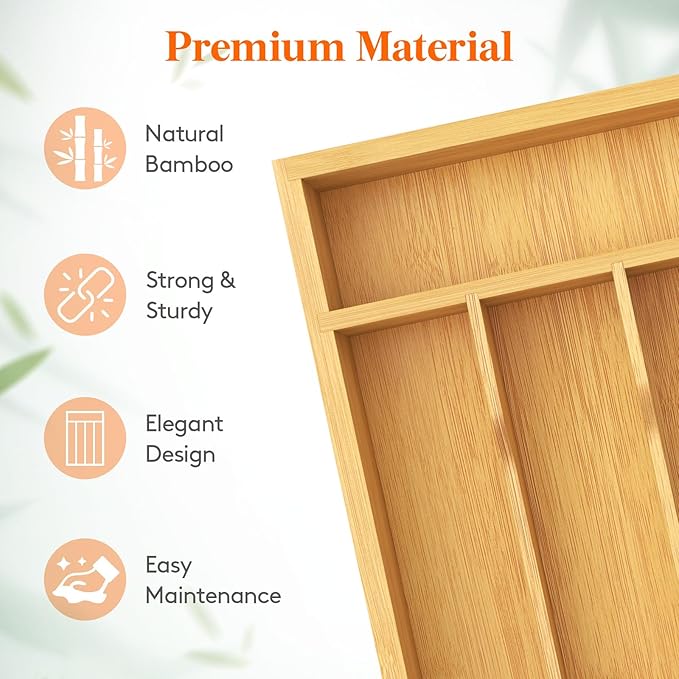Lifewit Silverware Drawer Organizer, Utensil Tray for Kitchen, 5 Slot Bamboo Flatware and Cutlery Holder, Wood Storage for Spoons Forks Knives, 9.9 x 12.8 Inches, Natural