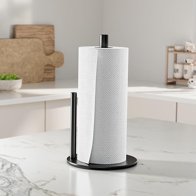 Black Paper Towel Holder Stand for Kitchen Countertop and Bathroom, Stainless Steel Kitchen Upright Paper Towel Holder for Large and Standard Rolls(Matte Black)